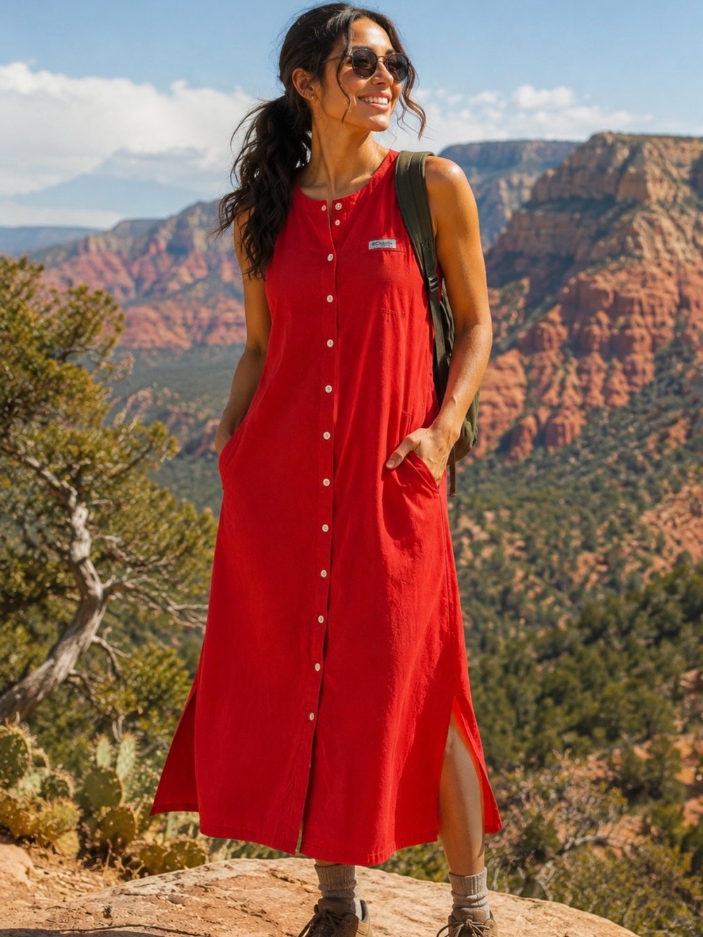 Columbia PFG Red Sleeveless Button Front Midi Dress Outdoors Wear Minimalist